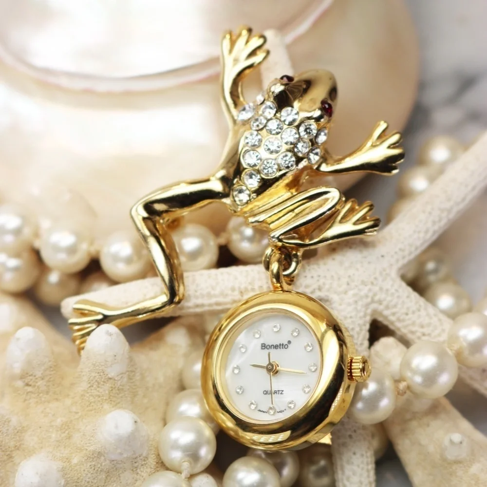 Vintage Bonetto Crystal Frog Watch Brooch